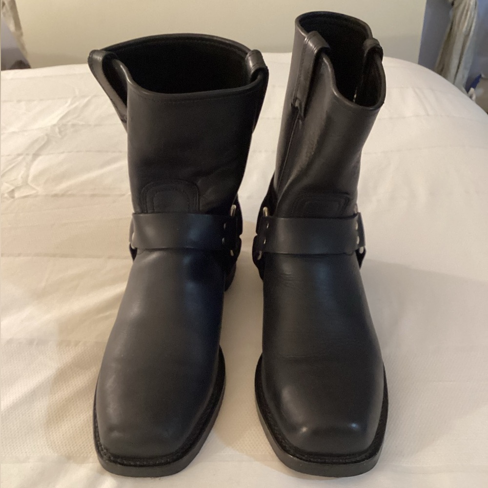 Frye Black Leather Harness Ankle Boots